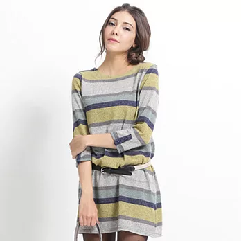 【maca】側口袋配色彩條針織連身裙L奶油黃