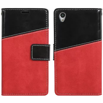 【BIEN】SONY Xperia Z1 瘋牛仔拼色可立保護皮套 (深紅+黑)