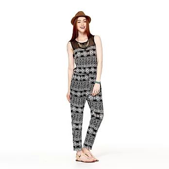 【CACO】CACO SURF.美式休閒. 雪紡拼接圖騰連身褲(女)M黑