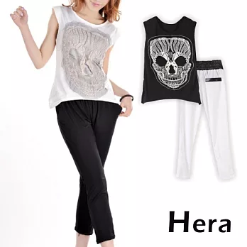 【Hera】赫拉 拼接骷髏頭無袖休閒運動套裝(二色任選)白T+黑褲