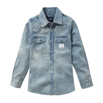 【CACO】NAVY.獨家經銷.雙口袋水洗牛仔長袖襯衫(女)S藍色