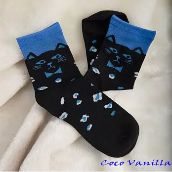 【Coco Vanilla】撞色貓咪棉質女襪 (靛藍)