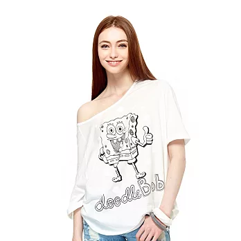 【CACO】海綿寶寶.授權款.海綿寶寶手繪五分袖T(女)FREE白