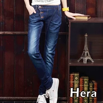【Hera】赫拉 斜排扣彈力哈倫泡泡顯瘦小腳窄管牛仔褲(深藍色)27號