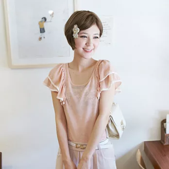 ROSE。甜美女孩波浪袖雪紡上衣 粉系