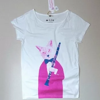 MIJU 米豬 ,貓咪單簧管T-shirt(桃紅+藍綠)