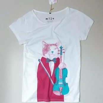 MIJU 米豬 ,貓咪小提琴T-shirt(桃紅+薄荷)