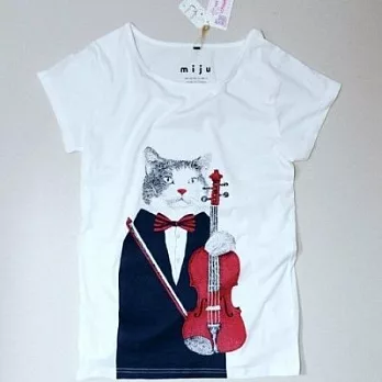 MIJU 米豬 ,貓咪小提琴T-shirt(深藍+暗紅)