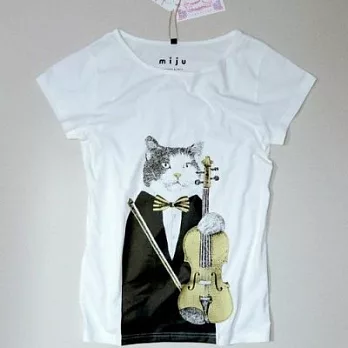 MIJU 米豬 ,貓咪小提琴T-shirt(黑+金)