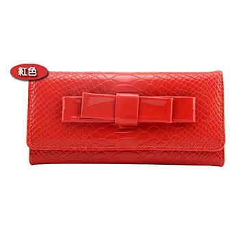 【A+ accessories】大蝴蝶結款糖果色壓花女用長夾 (紅)