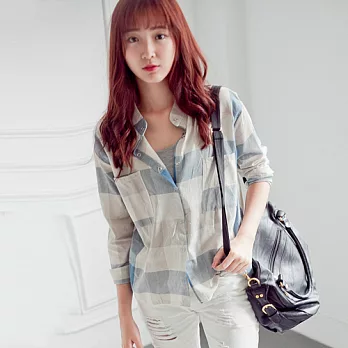 ROSE。率性立領大格襯衫 藍系