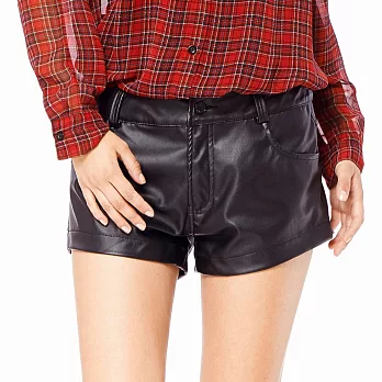 【CACO】Cream PUNK-內刷毛彈性皮短褲-女S黑