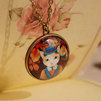 A+ accessories 童話之森-復古系森女zakka風手繪插畫長版鍊 (貓咪小姐)