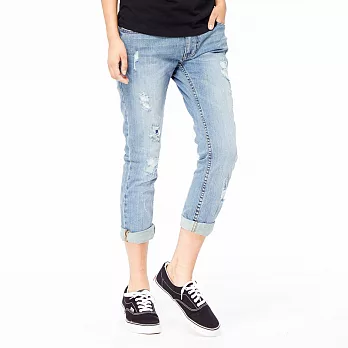 【CACO】刷破補丁男朋友褲-女S藍色