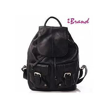 【i Brand 天然皮革】 俐落時尚-牛皮翻蓋口袋後背包 -經典黑