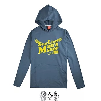 【男人幫】T5642*【StarLion字樣美式風格長袖連帽T恤】 深藍色L號