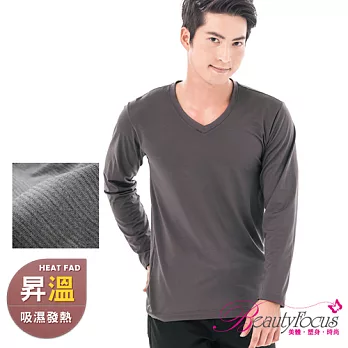 BeautyFocus台灣製男吸濕保暖發熱衣(V領款)3830素面深灰色M