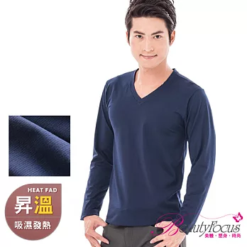 BeautyFocus台灣製男吸濕保暖發熱衣(V領款)3830素面深藍色M
