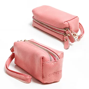 真皮錢包 雙拉鍊 雙層多功能零錢鑰匙包 女 CHENSON 粉(W00003-P)