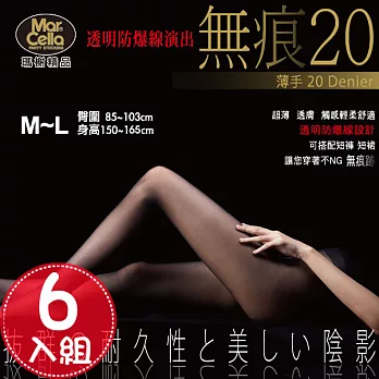 《瑪榭》無痕20丹尼透明防爆線透膚絲襪/褲襪(6入組)M黑