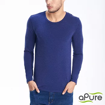 【aPure】feHot發熱衣 男圓領毛羽發熱衣-紳士藍L紳士藍