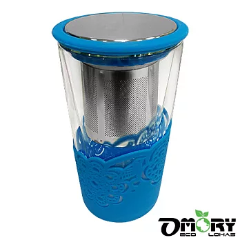 【OMORY】不鏽鋼濾網雙層耐熱玻璃杯350ML(附蓋)-藍色