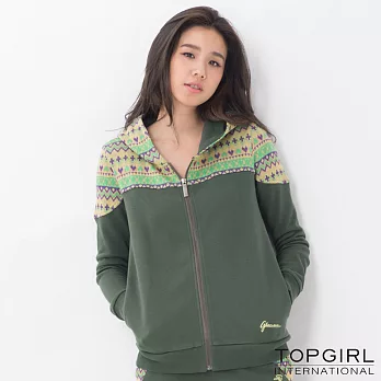 TOP GIRL-提花拼街連帽套裝-外套S綠