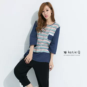 【KatieQ】清新優雅柔棉拼接上衣(4色)-M-3LM條紋