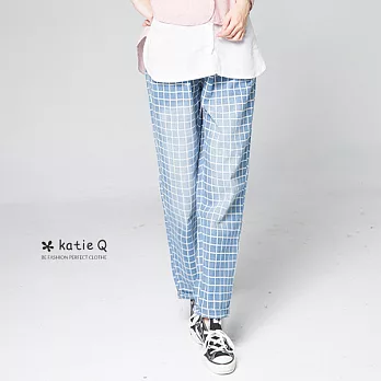 【KatieQ】細格單寧寬版休閒褲-FREEFREE藍色