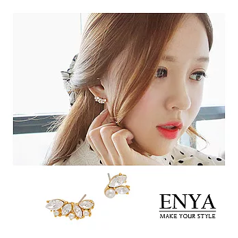 Enya★925銀 不對稱水鑽珍珠耳環金