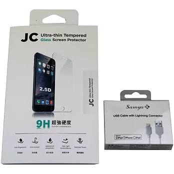 【3C禮盒組】JC iPhone 6 薄型鋼化玻璃保護貼(4.7吋/0.2mm)+Samya Apple Lightning 8pin 充電/傳輸線