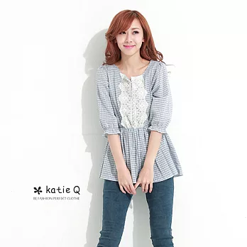 【KatieQ】氣質勾花拼接傘擺上衣(2色)-FREEFREE藍