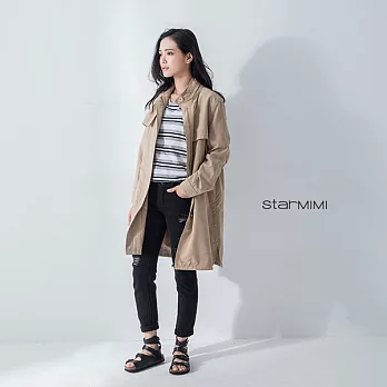 【STARMIMI】金屬拉鍊絨感長版率性風衣外套*M卡其