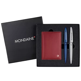 MONDAINE 瑞士國鐵牛皮信用卡夾(紅)+藍灰對筆禮盒組