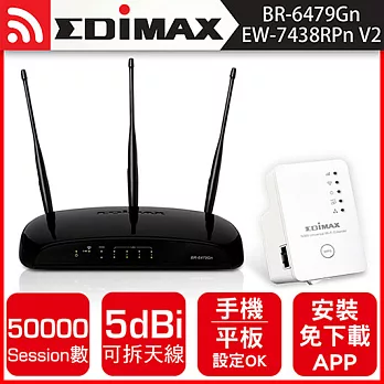 EDIMAX 訊舟 BR-6479Gn 無線網路分享器+7438RPnV2 無線訊號延伸器