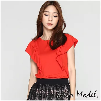 【名模衣櫃】MIT涼感素色荷葉裝飾上衣-紅色M紅色