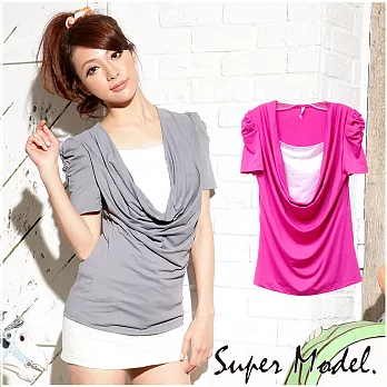 【名模衣櫃】MIT抗UV涼感假兩件層次領上衣-桃紅M桃紅