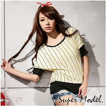 【名模衣櫃】MIT涼感條紋飛鼠袖寬板上衣-黃色M黃色