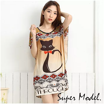 【名模衣櫃】冰絲涼感圖樣洋裝-咖啡貓(適穿M-XXL)FREE咖啡貓