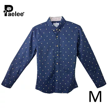 【Paelee 帕里】滿版韓國小鬍子 長袖襯衫M深藍色