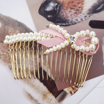 【PinkyPinky Boutique】微微甜珍珠緞帶法國梳(粉紅色)