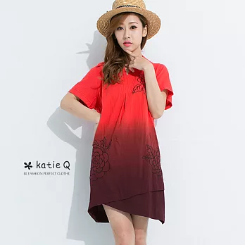 【KatieQ】手工漸染花卉純棉長上衣(3色)-M-4LL紅