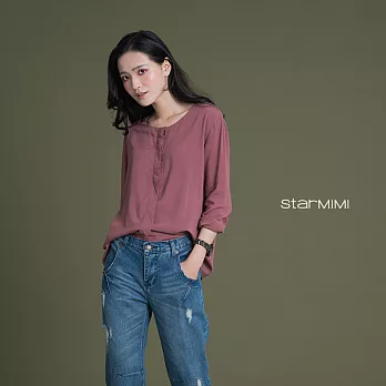 【StarMIMI】圓領素面隱藏釦襯衫*M深紅