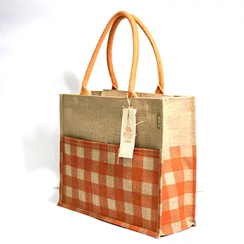 【KK Jute Bag 潮麻包】玩色系列 格紋潮麻包(粉綠)----肩揹/手提兩用包粉橘