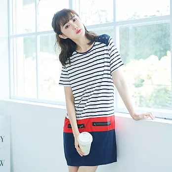 【KatieQ】氣質恬心層次拼接寬版上衣(條紋)-M-3LM條紋