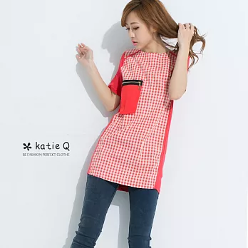 【KatieQ】氣質恬心層次拼接寬版上衣(紅)-M-3LM紅