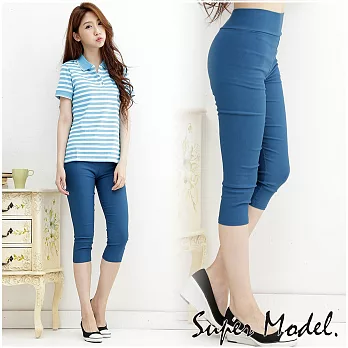 【名模衣櫃】纖細美腿.馬卡龍曲線雕塑七分褲-藍(M-XL)M藍色