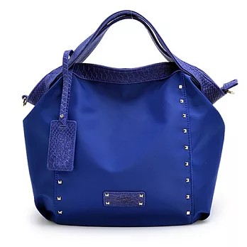 【La Poche Secrete 天然皮革】輕盈時尚,牛皮MIX尼龍吊牌包(鉚釘款) -海軍藍