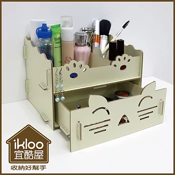 【ikloo】木質喵喵桌面化妝品收納盒-米白
