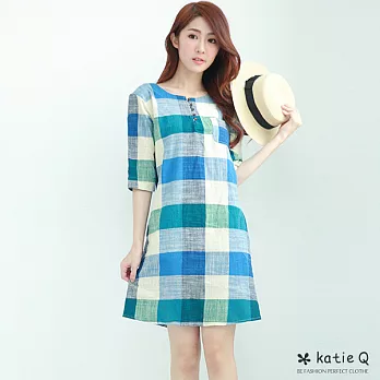 【KatieQ】馬卡龍方格棉麻洋裝(3色)-FREEFREE藍